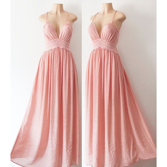 Pink Crochet Lace Open Back Halter Boho Maxi Dress - Picture 6 of 8